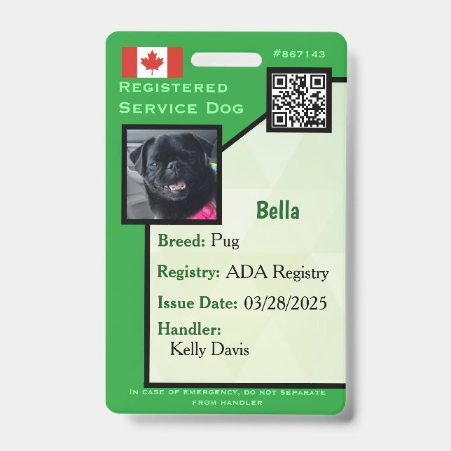 Badge Carte d'identité de chien de service verte vertica (Avant)