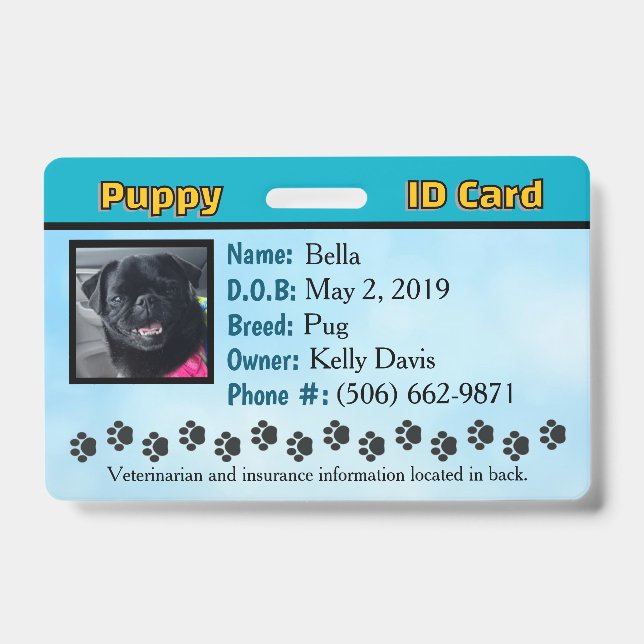 Badge Carte d'identité de chiot - Bleue (Avant)