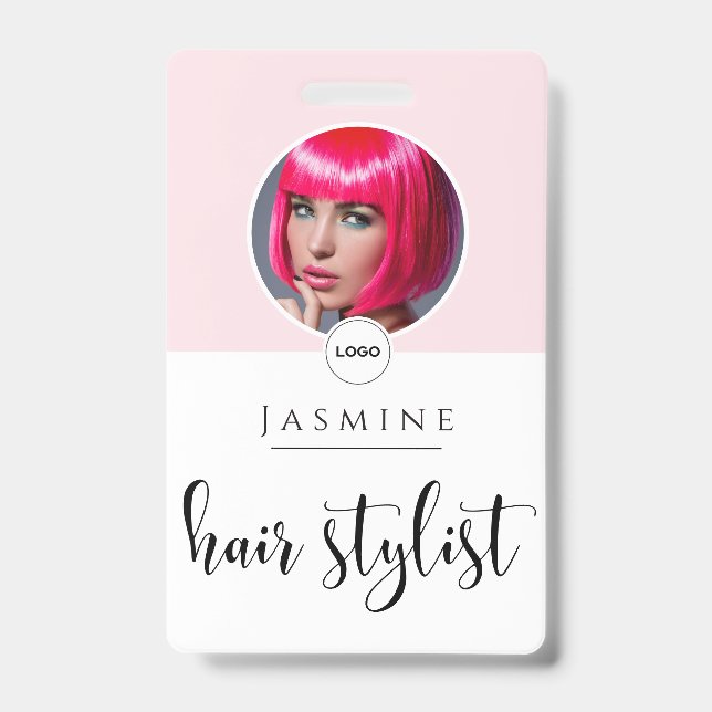 Badge Carte d'identité de coiffeur élégante rose pâle et (Avant)