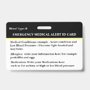 Badge Carte d'identité de contact d'urgence d'alerte méd