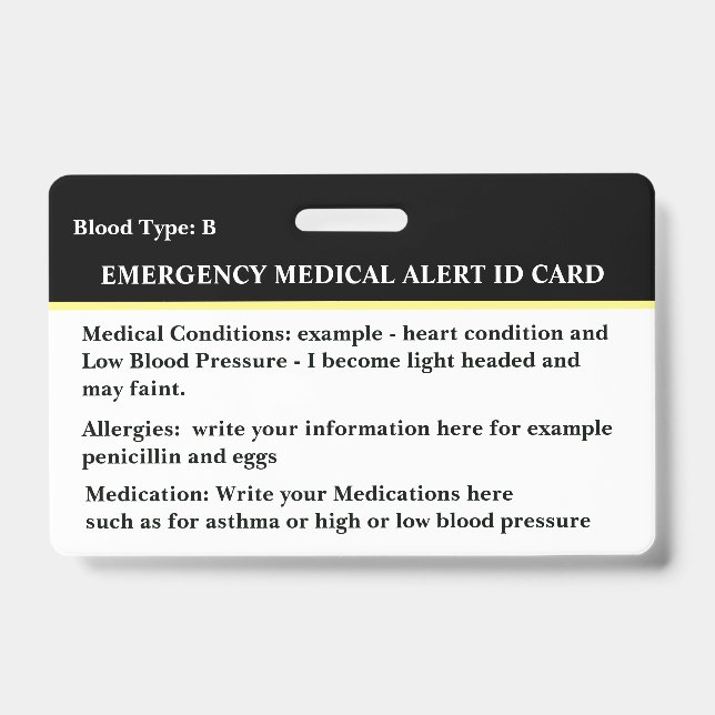 Badge Carte d'identité de contact d'urgence d'alerte méd (Avant)