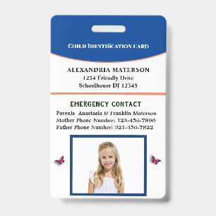 Badge Carte d'identité de fille pour enfant Personnalis