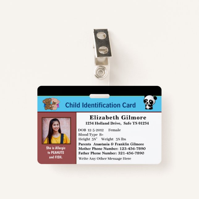 Badge Carte d'identité de fille pour enfant Personnalise (Devant avec clip)