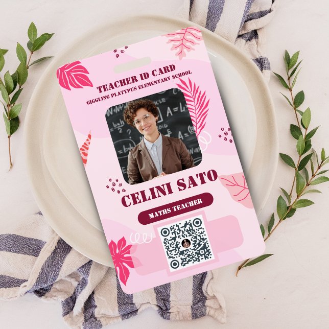 Badge Carte d'identité de l'école à la maison de style f (Pink Floral Style Homeschool ID Card with QR Code and Photo Badge)
