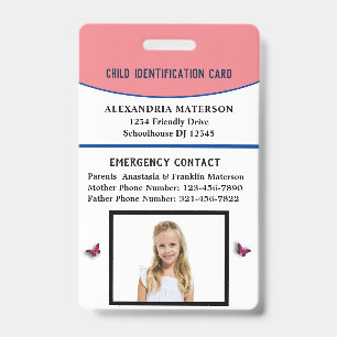 Badge Carte d'identité d'enfant garçon fille Allergie