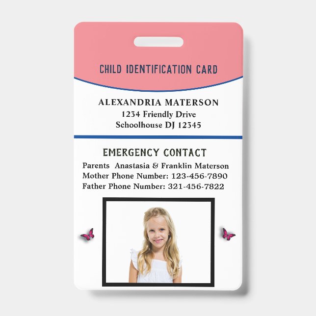 Badge Carte d'identité d'enfant garçon fille Allergie (Avant)