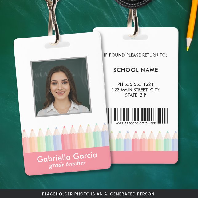 Badge Carte d'identité d'enseignant d'école personnalisé (Customize ID with your photo, name, title, barcode, and contact information.)