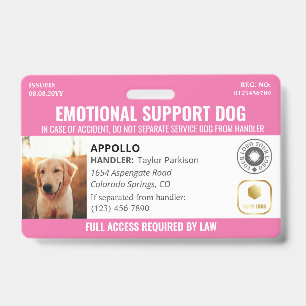 Badge Carte d'identité du chien d'assistance rose 2 Logo