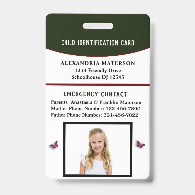 Badge Carte d'identité d'urgence pour enfant garçon fill (Avant)