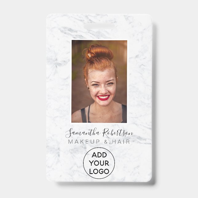 Badge Carte d'identité employé logo en marbre blanc chic (Avant)
