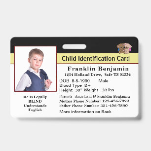 Badge Carte d'identité Enfant Bébé Photo d'urgence