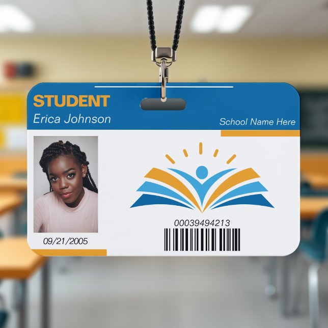 Badge Carte d'identité étudiante Bleue & Orange pour éco (Blue & Orange School College University Student ID Badge
)