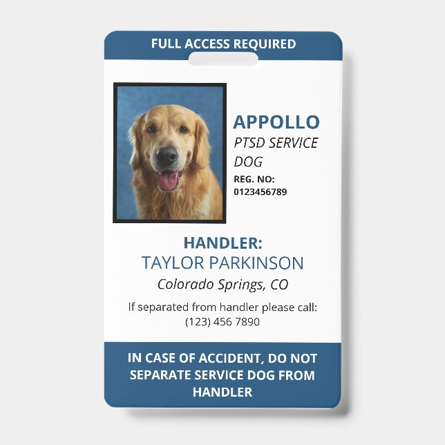 Badge Carte d'identité photo de chien d'assistance Bleu  (Avant)