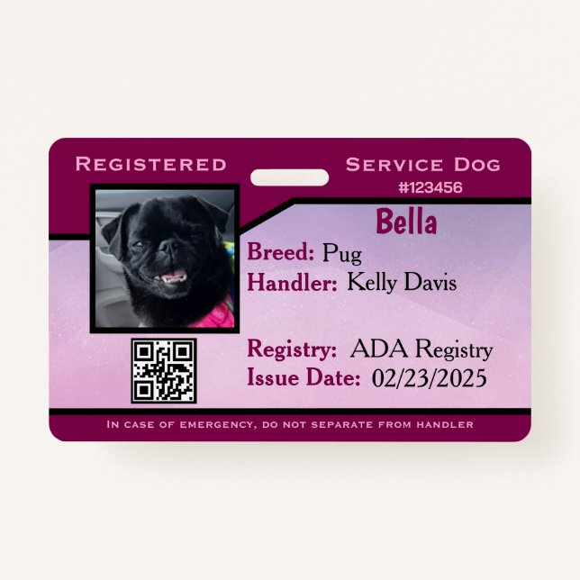 Badge Carte d'identité pour chien de service pourpre (Devant)