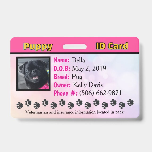 Badge carte d'identité pour chiot - Rose (Avant)