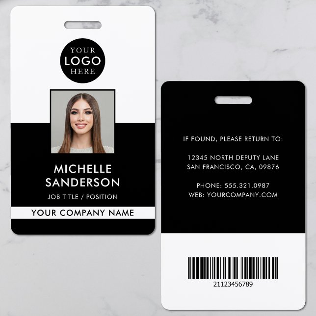 Badge Carte d'identité professionnelle avec code-barres  (Company Logo Staff Barcode Employee Photo ID Badge)