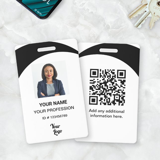 Badge Carte d'identité professionnelle avec photo Noir/B (Work Badge - Black QR Code)