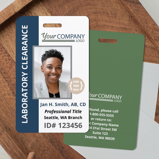 Badge Carte d'identité professionnelle bleue et verte av (Navy blue and sage green company identification badge, logo and photo entry badge)