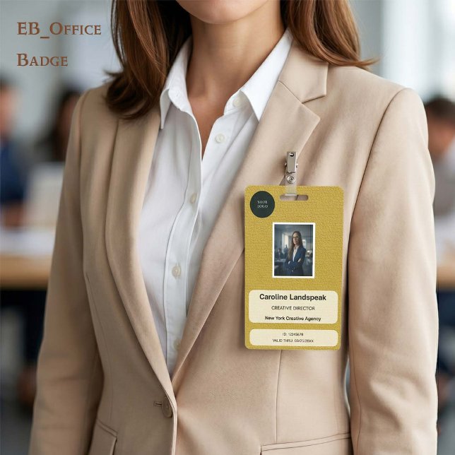Badge Carte d'identité professionnelle en cuir doré mout (Chic Mustard Gold Leather Custom Logo Photo ID Vertical Badge. Size: 2.13” x 3.38”)