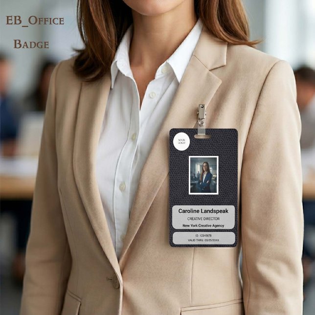 Badge Carte d'identité professionnelle en cuir noir avec (Chic Black Leather Custom Logo Photo ID Vertical Badge
Size: 2.13” x 3.38”
)