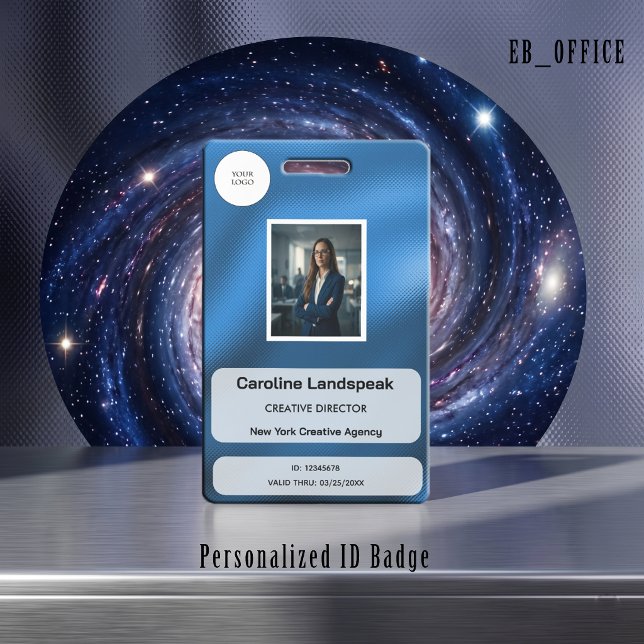 Badge Carte d'identité professionnelle moderne bleu roi  (Metallic Royal Blue Custom Logo Photo ID Vertical Badge Template. Size: 2.13 x 3.38 Inches)