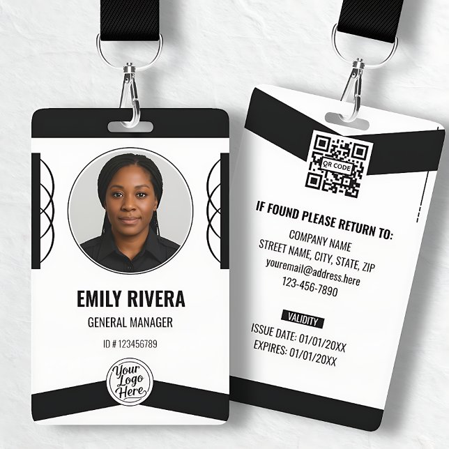 Badge Carte d'identité professionnelle moderne noir et b (Modern Black White Professional Staff Photo ID Badge)
