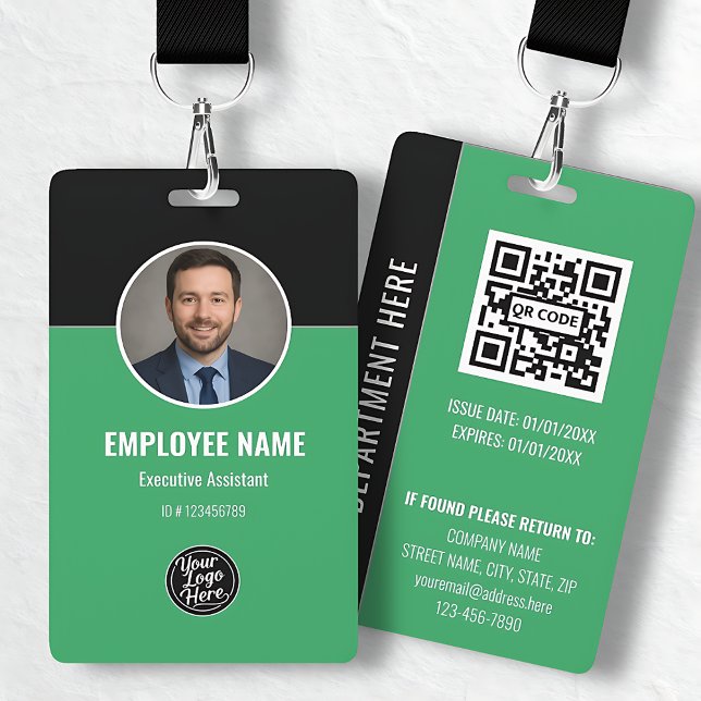 Badge Carte d'identité professionnelle moderne noire et  (Modern Black Green Employee Identification Card Badge)