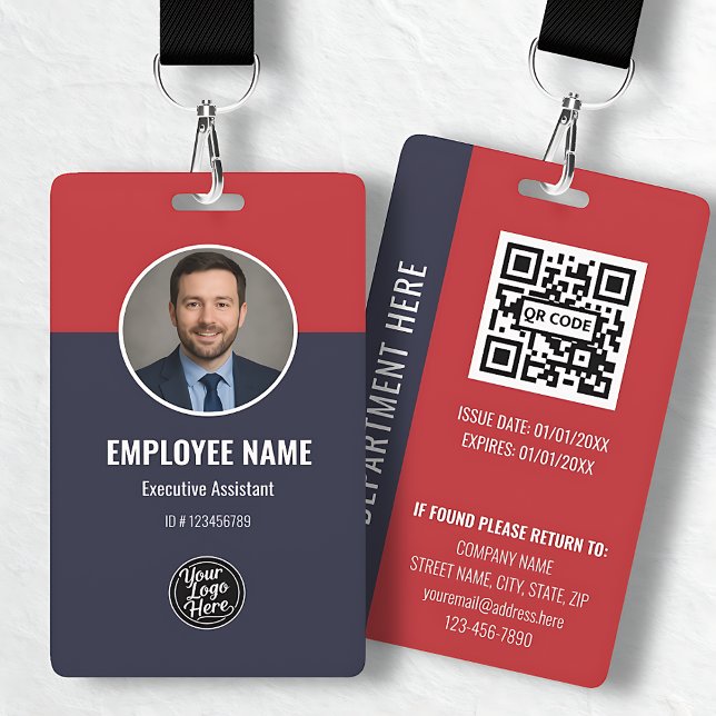 Badge Carte d'identité professionnelle Navy Blue Red per (Professional Navy Blue Red Custom Employee ID Badge)