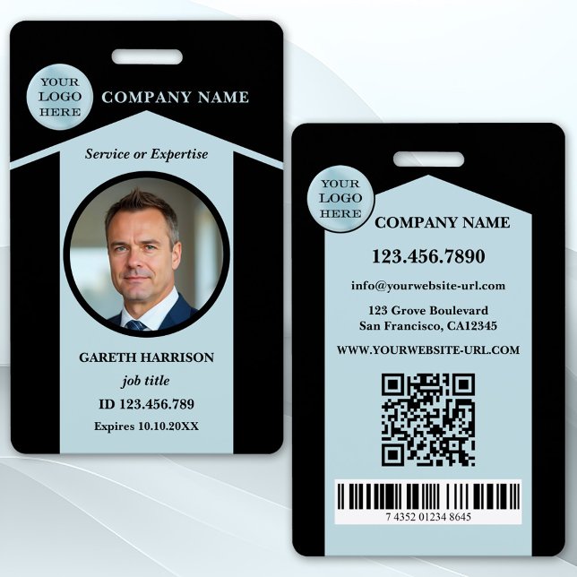 Badge Carte d'identité professionnelle noire et bleue (Photo ID badge featuring your custom photo and logo on a black and dusty blue design)