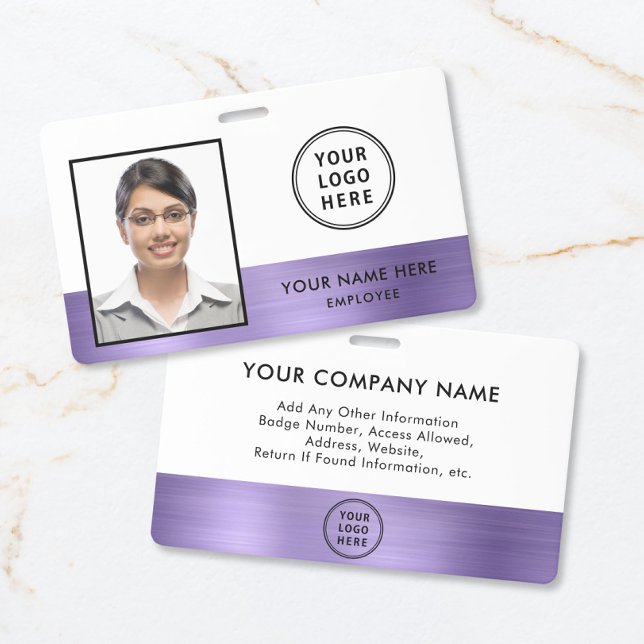 Badge Carte d'identité professionnelle personnalisée ave (Custom Logo Purple Employee Photo ID Badge)