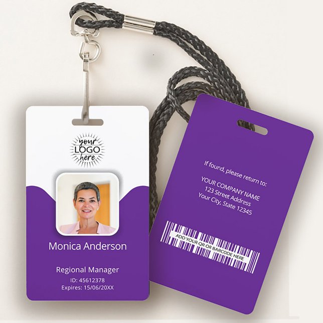Badge Carte d'identité professionnelle violette avec pho (Purple Employee Photo ID Name QR Bar Code Vertical Badge)