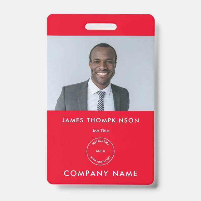 Badge Carte d'identité simple d'employé Nom Logo Rouge (Avant)