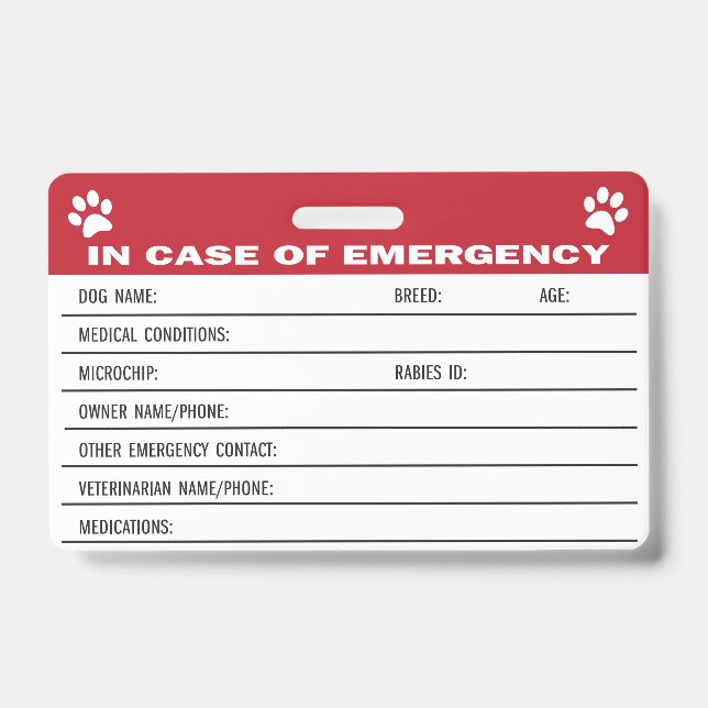 Badge Carte d'information Médicale d'urgence pour chien (Avant)