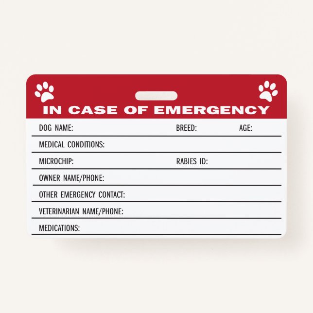 Badge Carte d'information Médicale d'urgence pour chien (Devant)