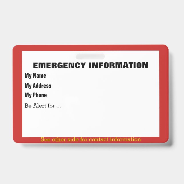 Badge Carte d'informations en cas d'urgence (Avant)