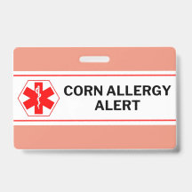 Carte d'urgence d'alerte d'allergie au maïs
