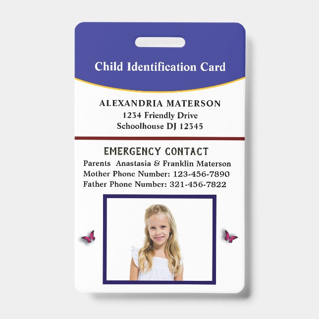 Badge Carte d'urgence d'identification d'enfant  (Avant)