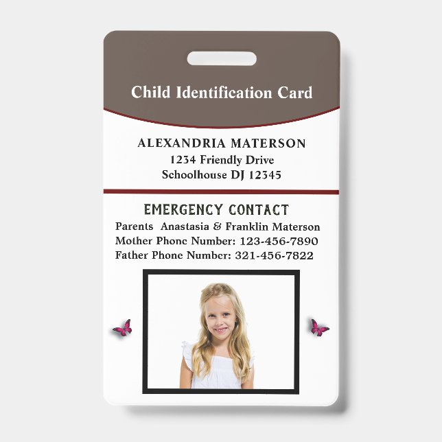 Badge Carte d'urgence d'identification d'enfant (Avant)