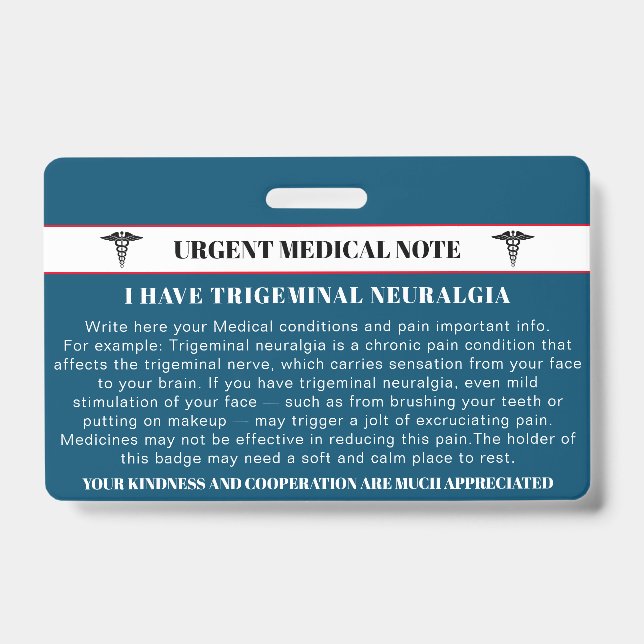 Badge Carte médicale d'urgence pour la névralgie du trij (Avant)