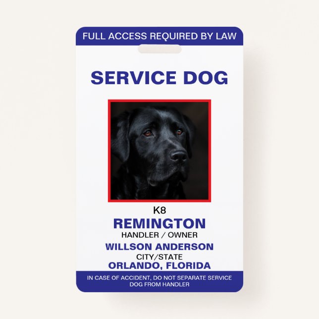 Badge Carte photo de chien de service blanc bleu personn (Devant)