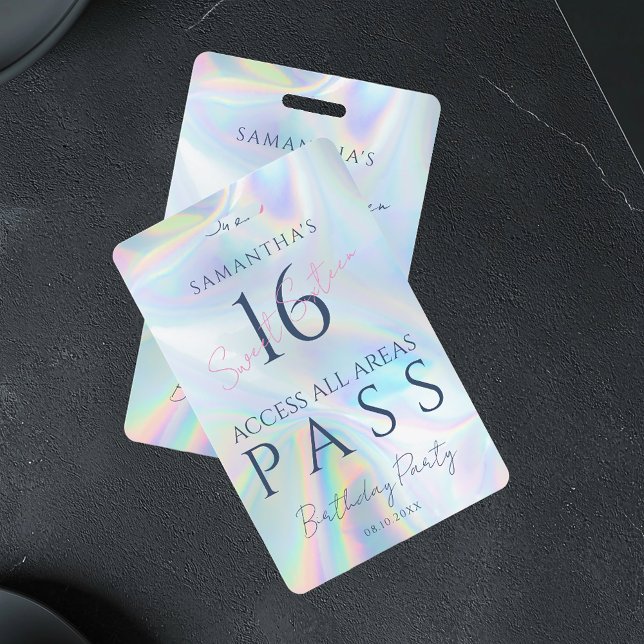 Badge Carte VIP Access Pass 16e anniversaire Holographiq (Modern Sweet 16 VIP Pass Holographic ID Badge)
