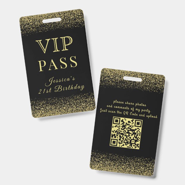 Badge Carte VIP de naissance pailletée noire et or (Avant & arrière)