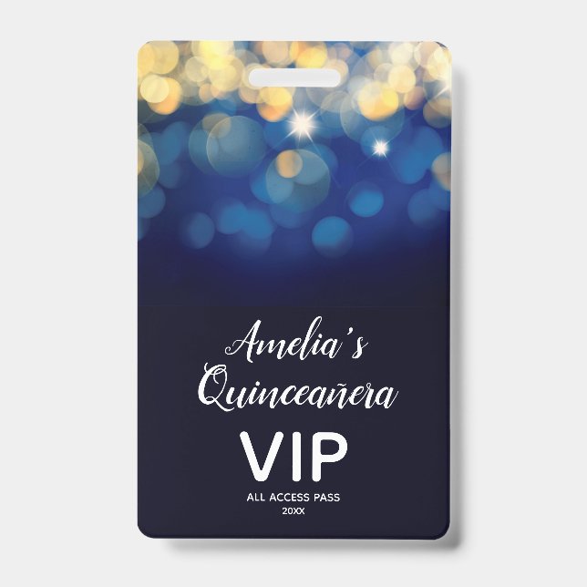 Badge Carte VIP Invitation Gold Bokeh Quinceañera (Avant)