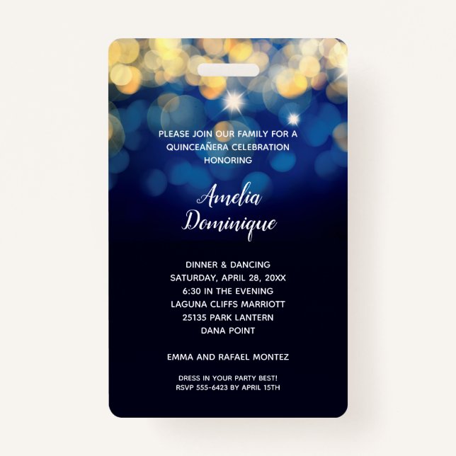 Badge Carte VIP Invitation Gold Bokeh Quinceañera (Dos)