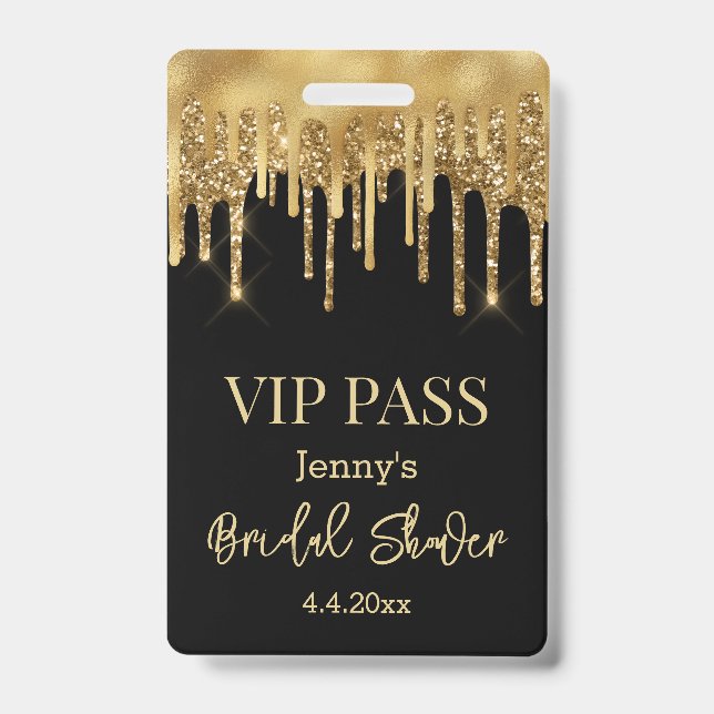 Badge carte vip, mariage noir or paillettes qui coulent (Avant)