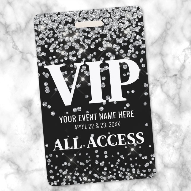Badge Carte VIP personnalisée avec paillettes argentées  (Silver Glitter VIP Event Badge)