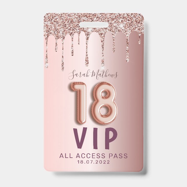 Badge Carton d'invitation 18ème anniversaire Rose Gold G (Avant)