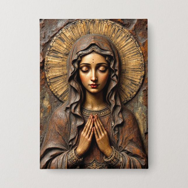 Badge Carved Devotion  Wooden Mary (Recto)