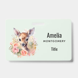 Badge Cerf mignon entouré de roses