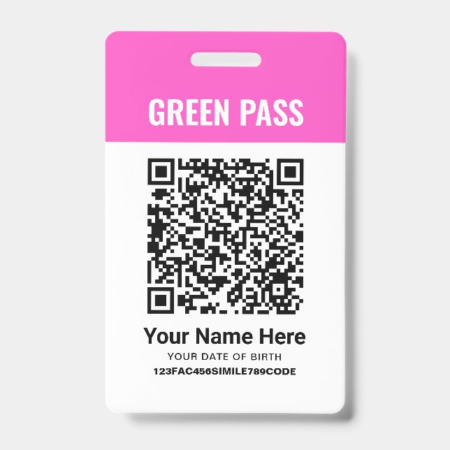 Badge Certificat de vaccination Green Pass PVC rose (Avant)